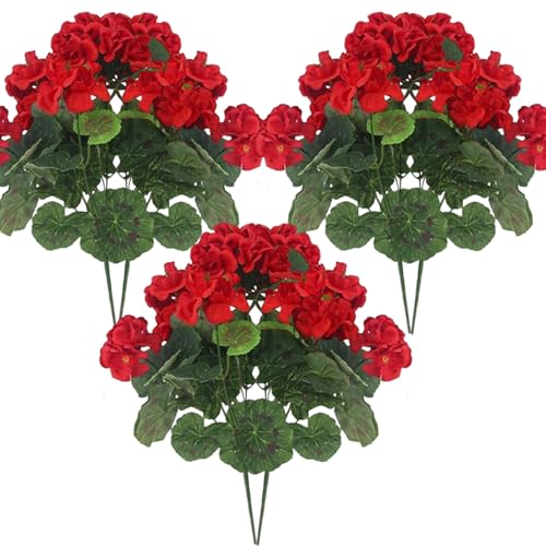 Hperu 6 pezzi Gerani artificiali - fiori di seta realistici da 14 pollici con rami regolabili, vibranti gerani rossi per arredamento interno, esterno, rosso