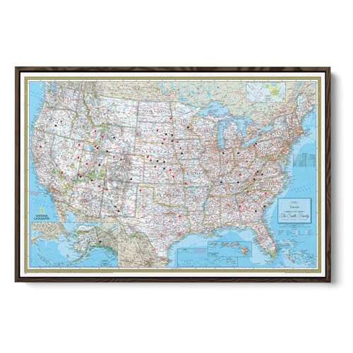 Image of National Geographic Classic USA Map with Pins - Personalized United States Travel Map Canvas - Oversized Framed Wall Decor - Brown Float Frame - 34 inch x 51 inch