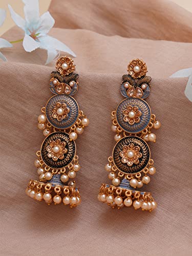 Karatcart Gold Plated Antique Floral Design Grey Drop Earrings for Women - Image 3