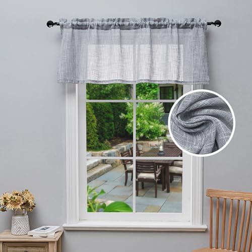 Beda Home Linen Textured Curtain Valance for Kitchen Living Room; Light Filtering Rustic Short Valance Topper for Small Window Bedroom/Basement Privacy Added Rod Pocket Design (Grey, 52Wx18L - 1PC)