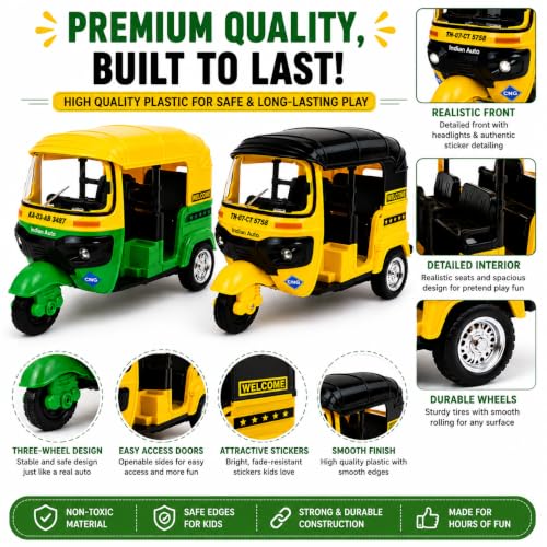 Image of PLUSPOINT Auto Rickshaw Toy,with Pull Back Action City Traffic Vehicles Public Transport Toy with Light and Sound for Aged 3 4 5 6 Boys and Girls,Kids Party Favors Gifts (Green- 2Pc)
