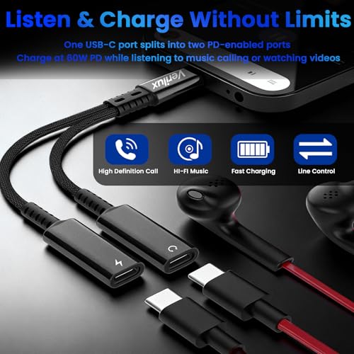 Image of Verilux 2 in 1 Type C to C Audio & Charging Connector, PD 60W Type C to C Cable Fast Charging with Simultaneous Wired Headphone Connection for iPhone 17 /17 Pro /17 Pro Max /16 /15 Series