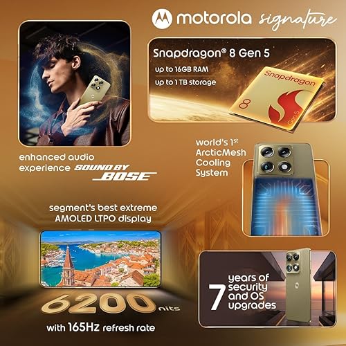 Image of Motorola Signature (Martini Olive, 16GB RAM +512GB Storage) | 17.27 cm (6.8 inch) Super HD Display | 50MP + 50MP + 50MP | 50MP Front Camera | 5200 mAh Battery | Snapdragon 8 Gen 5 Processor