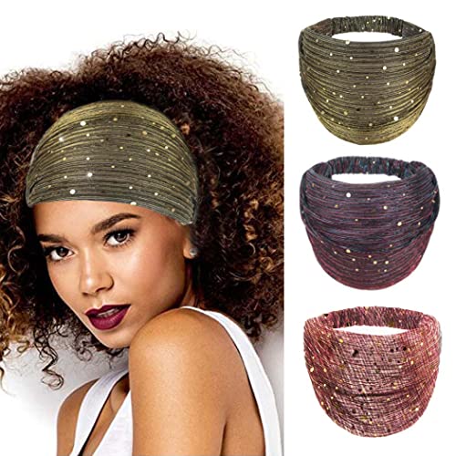 Zoestar Lot de 3 bandeaux larges à paillettes pour le yoga - Turban épais - Pour femmes et filles Cover