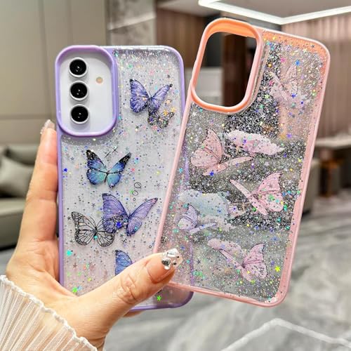 Image of VONZEE for Samsung Galaxy A36 5G Clear Glitter Butterfly Case, Cute Bling Sparkle Shiny Soft Silicone TPU Bumper Shockproof Women Girls Slim Protective Phone Cover for Galaxy A36 5G, Purple