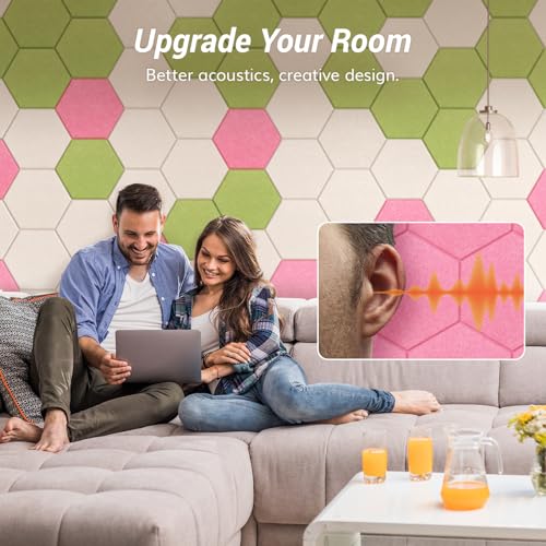 Image of 12 Pack High Density Hexagon Acoustic Panels, TONOR 12 inchx 10 inchx 0.4 inch Soundproof Wall Panels, Sound Absorbing Panels for Interior Wall Decor, Peel and Stick Modern for Studio, Office, Home, Pink