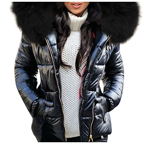 Winterjacke Damen Daunenjacke Glänzend Kurz Wintermantel Warm Puffer Jacke Outdoor Mantel mit Pelzkragen Mehrere Farbvarianten L Black