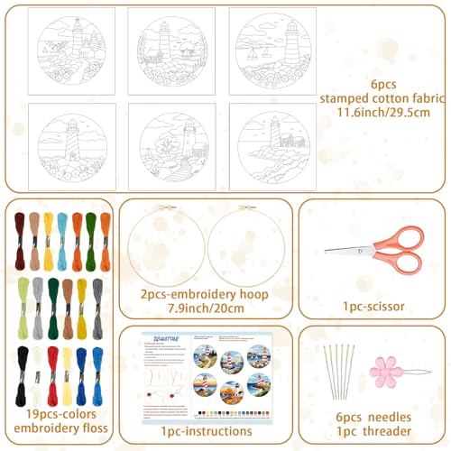 Image of BEUNITONE 6 Set Beginner Embroidery Kit for Adults with Pre-Printed Washable Lighthouse Pattern, DIY Needlepoint Craft Kits for Cloth with Embroidery Hoop and Instruction, Funny Gifts for Home Decor