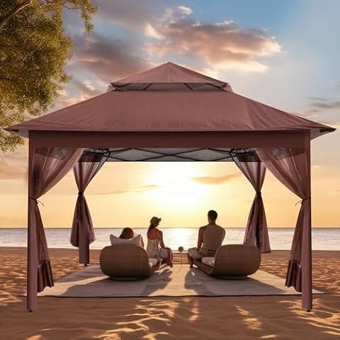 yoyomax 13X13 Outdoor Pop Up Gazebo with Netting, Portable Gazebo Waterproof Patio Canopy Shelter with Double Roof Tops and 169 Square Feet of Shade for Beach Parties, Camping and Picnics - Brown Cover