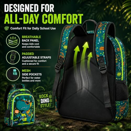 Image of Boys Backpack, 16 inch Dinosaur Kids Bookbag with Lunch Box, 3Pcs Dino School Backpacks for Elementary Preschool Kindergarten (Green)