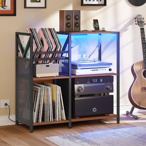 DWVO 3-Tier Vinyl Record Stand with Power Outlets & RGB LED Lights – Holds 300+ Albums, Sturdy Metal Frame Turntable Table for Living Room, Walnut Finish Media Storage Cabinet