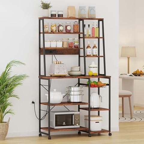 JoanKaren Baker Rack with Power Outlet, Kitchen Coffee Bar Station, Large Microwave Stand with Storage, Heavy Duty Kitchen Shelves for Spices, Pots Cover