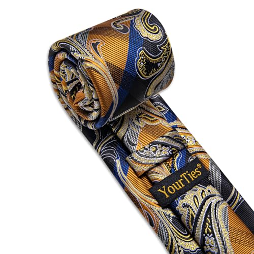 Image of YourTies Silk Paisley Floral Tie and Pocket Square Cufflinks with Lapel Pin Sets for Men 5PC Wedding Party