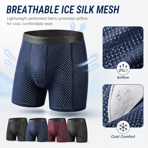 Visemmbo 4 Pack Men's Mesh Boxer Briefs, Long Leg Performance Underwear, Ultra Breathable Cooling Sport Trunks