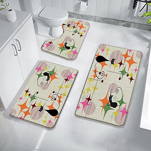 Badteppich-Set, Mitte des Jahrhunderts, schwarze Katze, Badematte, Atom-Starburst-Katze, modern, abstrakt, geometrisch, ikonisches Muster, Retro-Kitty, 1950er-, 1960er-Jahre, lustige Badezimmermatte,