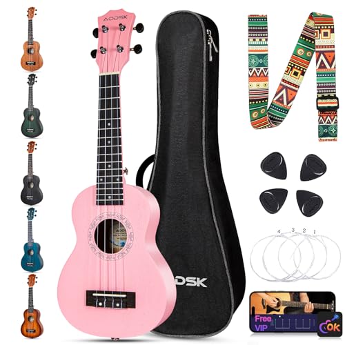 AODSK Soprano Pink Ukulele for Beginner 21 Inch Ukelele with Gig Bag Strap Nylon String 4 Picks Holiday Gift