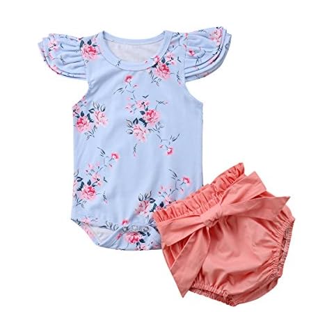 HBER 0-24M Baby Toddler Girls Summer Clothes Ruffles Floral Bodysuit Rompers Bloomers Shorts Cute Outifts Set Blue Cover