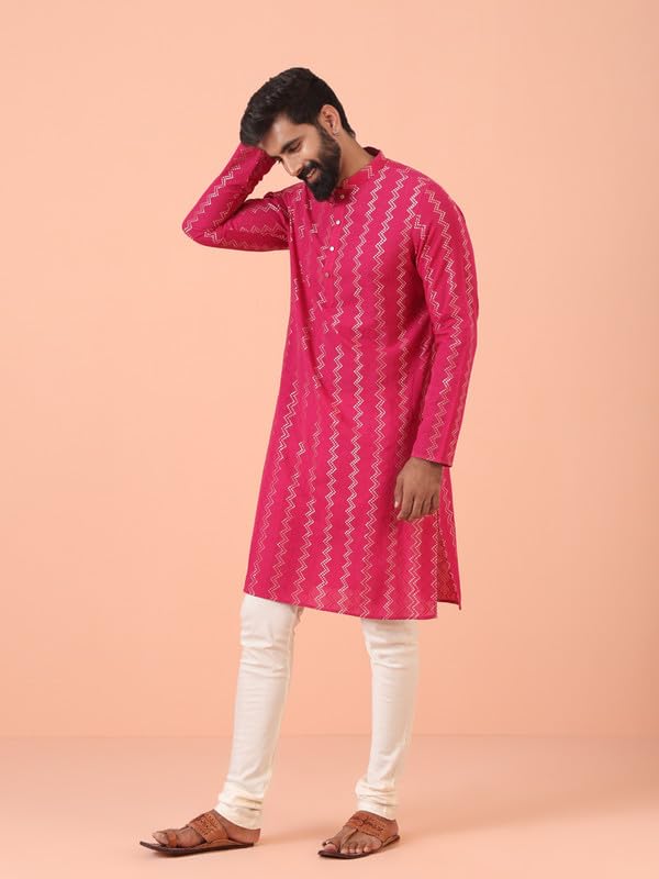 Kisah Mens Kurta|Cotton Fabric Self Design Pattern Mens Ethnic Wear|Regular Fit Mandarin Collar Long Sleeves, Hot Pink, 40