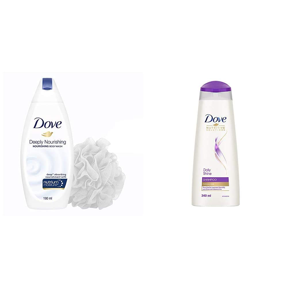 Buy Dove Deeply Nourishing Body Wash 190 ml with free loofah And Dove Daily Shine Shampoo, 340ml