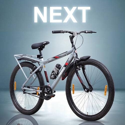 Hero Next 26T Single Speed Mountain Bicycle for Mens with Inbuilt Carrier | Grey-Red | Rigid | V Brake | Steel Frame : 17.5Inches | Rider Height : 5ft 0" - 5ft 8" | 85% Pre Assembled Bicycle