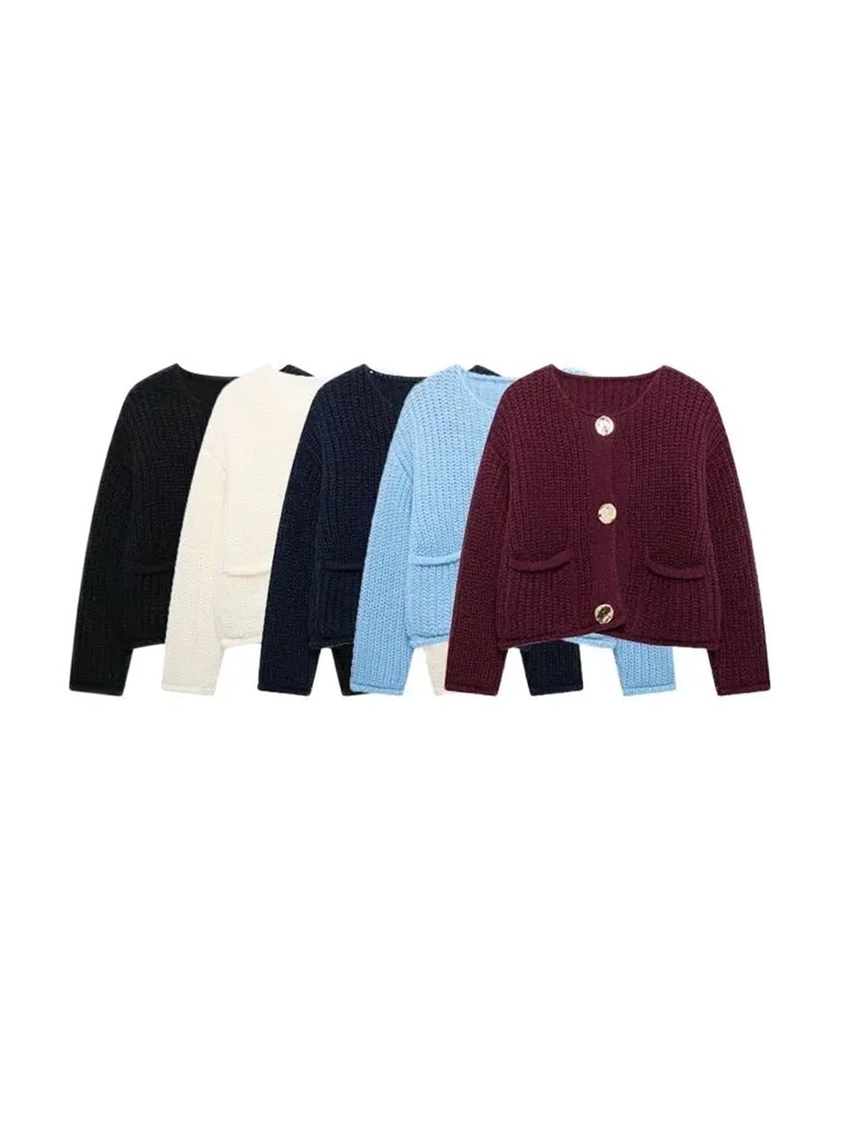 Suéter de Punto Manga Larga for Mujer, Botones Dorados, Bolsillos Parche Delanteros, Cuello Redondo, Prenda Exterior Femenina Cárdigan Mujer