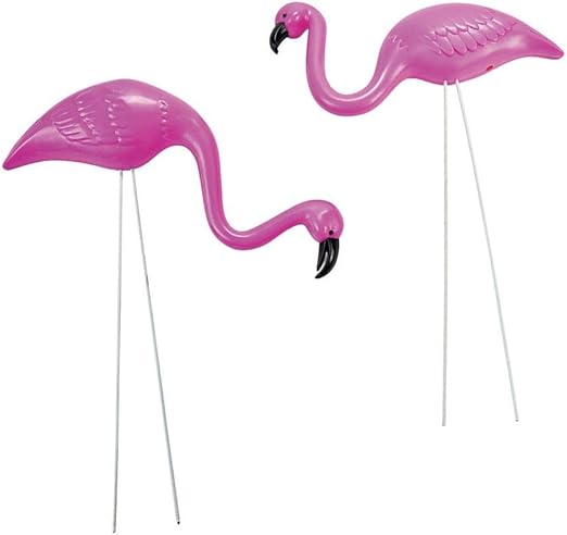 Fun Express Mini Pink Flamingo Lawn Ornaments (2 Pieces, 8" with 12" Stakes) Lawn Decor, Unique and Quirky Home Decor & Gifts, Party Decorations
