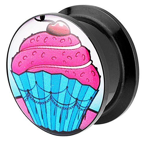 Piersando Ohr Plug Piercing Kunststoff Motiv Comic Picture Flesh Tunnel Ohrplug mit Cupcake Pink Blau Schwarz 6mm Cover