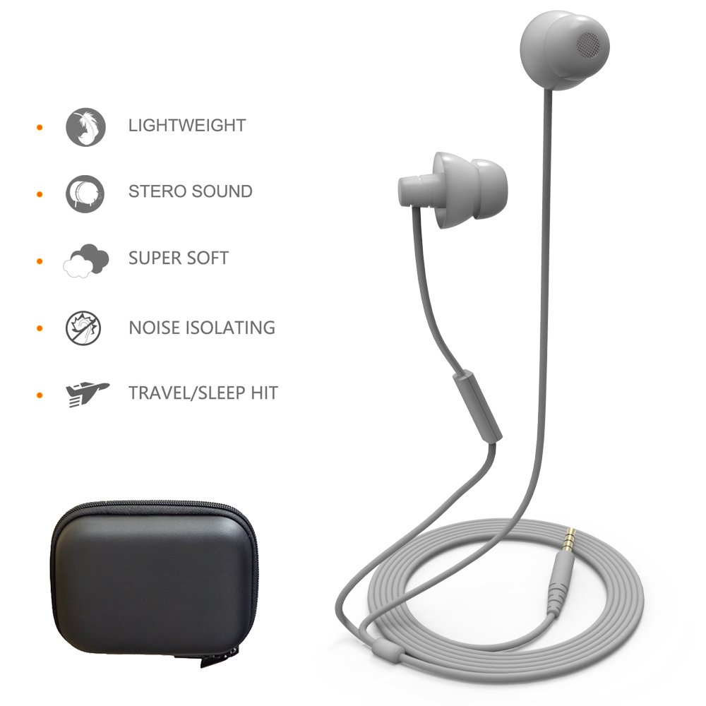 MAXROCK (TM - Auriculares de Silicona Suave para Dormir, con micrófono, para teléfonos móviles, tabletas y Conector Jack de 3,5 mm, Color Gris)