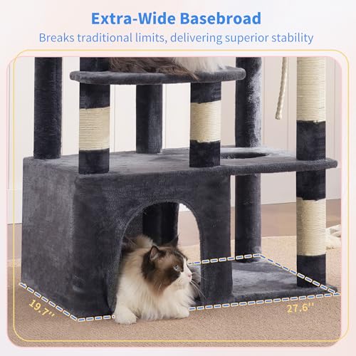 Image of Heybly Cat Tree, 71-Inch Tall Cat Tower for Large Maine Coon Cats with Extra-Large Baseboard, Cat Condo Furniture with Multi-Level Platforms, 2 Hammocks and 12 Scratching Posts, Smoky Gray HCT037G