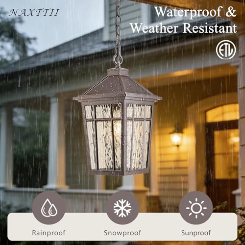 Image of Dusk to Dawn Outdoor Hanging Lantern Lights 15.2 Inch Large Porch Pendant Lights for House Doorway Aluminum Waterproof Outdoor Pendant Light with Water Ripple Glass E26 Socket