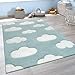 Tapis Chambre Enfant Adorable Couleurs Pastel Motif Nuages Poils Ras en Bleu Blanc, Dimension:Ø 120 cm Rond
