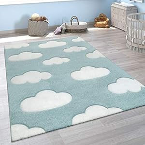 Modern Kids Rug with Clouds in Blue Pastel for Nursery, Size: 3’11” x 5’7″