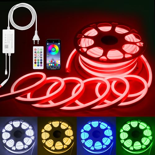 ALITOVE 25M RGB Neon Streifen 230V LED Outdoor Strip mit APP/Fernbedienung IP65 Wasserdicht Flexibel Lichtschlauch Musik Sync für Home Spielzimmer Innen- und Außendekoration
