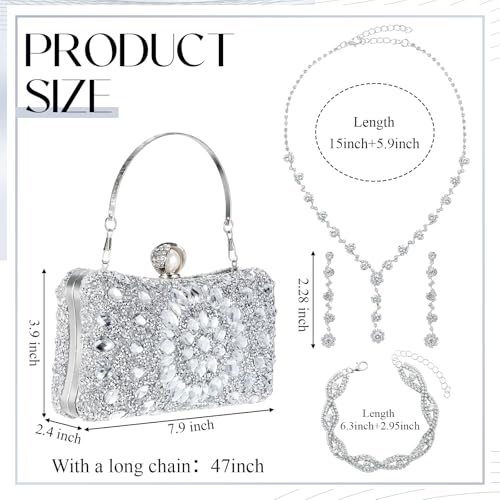 Image of Quelay 4 Pcs Purse Rhinestone Jewelry Set for Wedding Bridal Women Evening Clutch Bag Necklace Dangle Earrings Bracelets