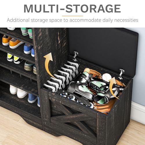 DWVO Farmhouse 5-Tier Shoe Storage Cabinet with Bench Stylish Entryway & Living Room Storage Solution for Up to 20 Pairs, Featuring Adjustable Shelves and Sliding Door (Dark Rustic Oak)