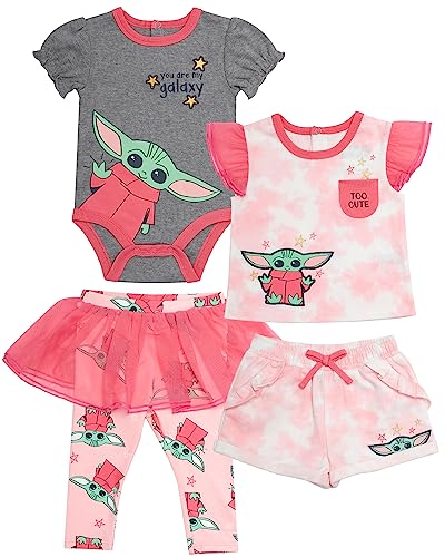 STAR WARS The Mandalorian Baby Girls' Clothing 4-Piece Set, Baby Yoda Baby Clothes with Bodysuit, Tee, Shorts, and Pants