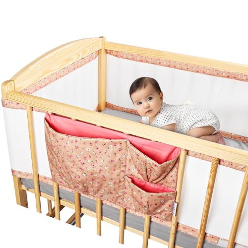 Tour de Lit Bébé Fille avec Pochette de Rangement - Contour de Lit Bébé 60x120 et 70x140 cm à Lattes 3 à 4 Côtés - Tour de Lit Respirant Conforme à la...