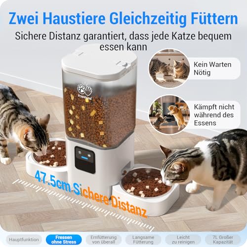 Futterautomat Katze 2 Näpfe mit APP: 7L katzenfutter automat mit Langsamer Vorschub, 5G WIFI Doppel Futterspender katzen, Trockenfutter Automat für Mehrere Haustiere, WLAN Futterautomat Hund