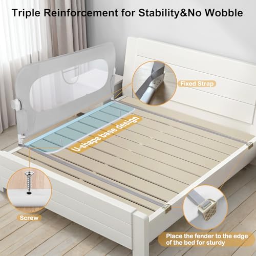 Image of Bed Rail for Toddlers,Swing Down Kids Bed Rails Guard for Twin,Full,Queen,Bunk Size Bed,Extra Tall Child Bed Rail Guard with Reinforced Anchor Safety System (Grey, 63 Inch(63 inch L x 31 inch H))