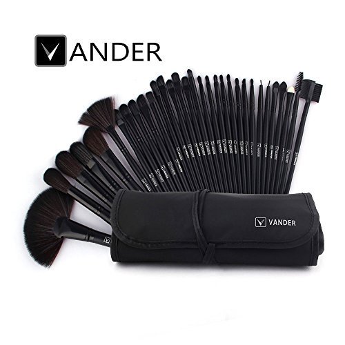 32pcs Vander Professional Premium Synthetic Kabuki Makeup Brush Set Cosmetics Foundation Eyebrow Shadow Blush Eyeliner Face Powder Brush Makeup Brush Kit + Makeup Bag Pouch Case(Black)