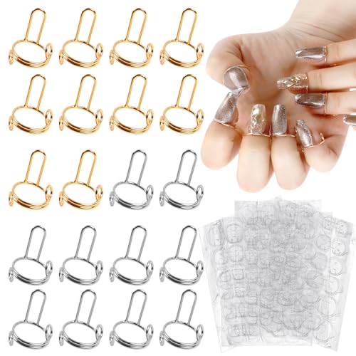 ASTONFOG 20Pcs Wudu Nail Rings with 120PCS Adhesive Nail Tabs No Glue Adjustable Wudu Fingernail Rings Set for Acrylic Nail Non-Tarnish Metal Nails Rings for Women Nail Art Decoration