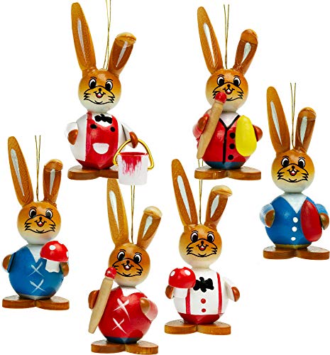 SIKORA OD07 Osterhasen Deko Figuren zum Aufhängen im 6er Set | Handbemalte Hasen aus Holz | Höhe ca. 8 cm | Hochwertiger Baumschmuck für den Osterstrauch & Fensterdeko | Bunte Frühlingsdeko
