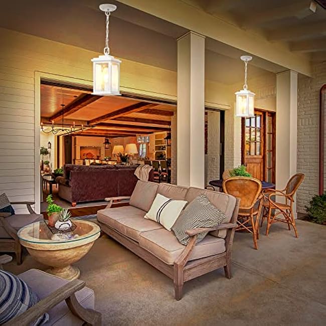 VIANIS White Outdoor Pendant Light, Farmhouse Hanging Light Fixtures Ceiling Mount Porch Lights, Anti-Rust Aluminum Frame with Temperate Ripple Glass, Hanging Lights for Outside Patio for Gazebo