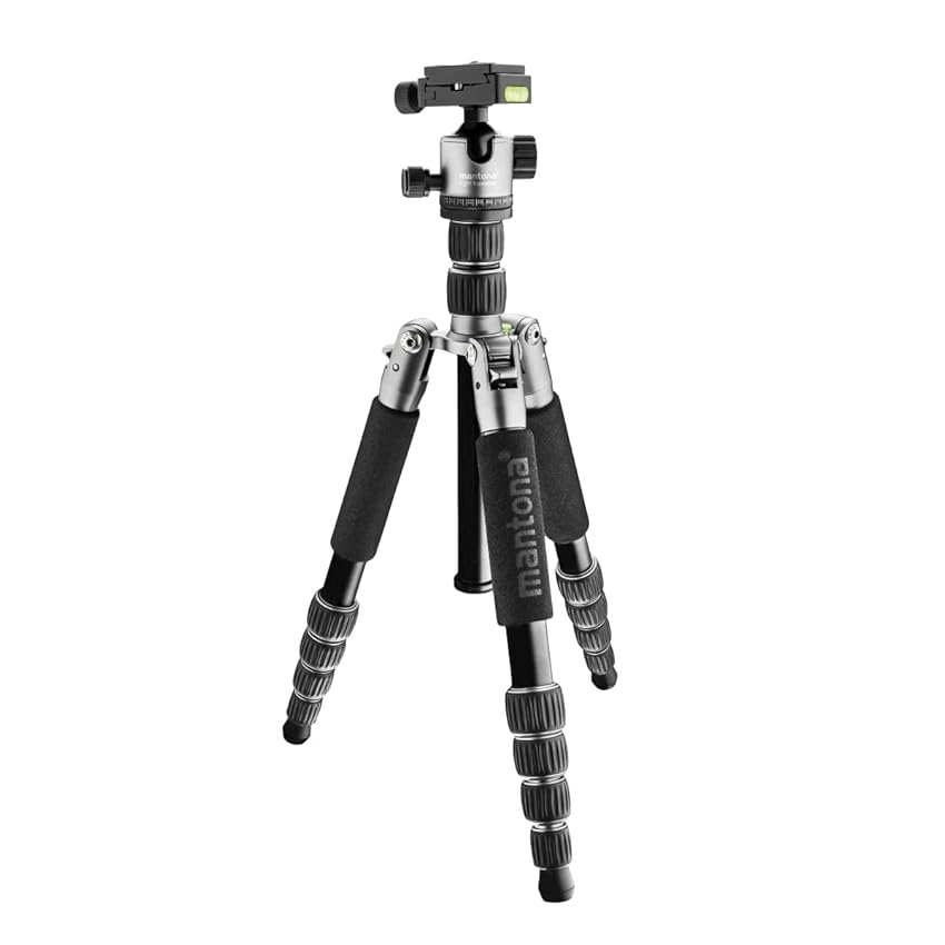 mantona Reisestativ Light Traveller, stabiles Aluminium I leichtes Kamera-Stativ, Kugelkopf + Wechselplatte (Arca Swiss kompatibel), 360° Panorama I Fotostativ als Tripod & Monopod, schwarz-grau