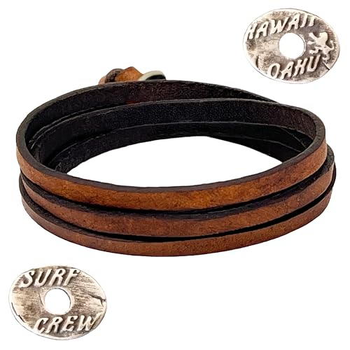 LOCAL LEAGUE Leder-Wickelarmband 'SURF CREW HAWAII' für Herren & Damen - aus echtem Leder, verstellbar bis 95 cm, handgemacht in Europa (Cognacbraun)
