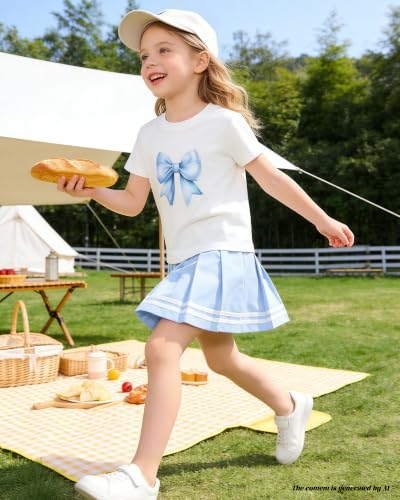 Image of Betusline Girls Skirt Set JK School Uniform 2-Piece Outfit - Short Sleeve & Webbing Solid Skirt,Bow Blue,4-5T = Tag 120