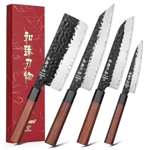 HEZHEN Set di Coltelli da Cucina 4 Pezzi, Universali Coltello da Chef Gyuto Asiático Nakiri Santoku, Manico Ottagonale in Legno