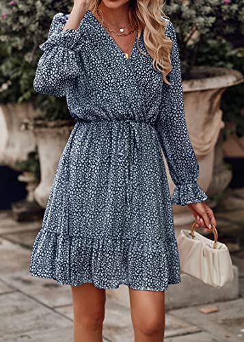 Image of KIRUNDO Women Casual Summer Fall Dresses Long Sleeve Floral Wrap V Neck High Waist Ruffle Tiered A Line Flowy Mini Dress