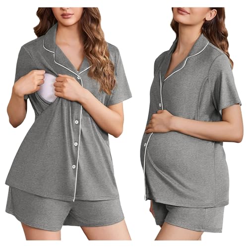 Image of Ekouaer Women's Maternity Nursing Pajama Sets Button Down Postpartum Pajamas Short Sleeve Breastfeeding Clothes