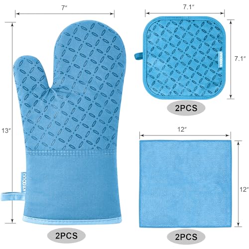 Image of KEGOUU Oven Mitts and Pot Holders 6pcs Set, Kitchen Oven Glove High Heat Resistant 500 Degree Extra Long Oven Mitts and Potholder with Non-Slip Silicone Surface for Cooking (Sky Blue)
